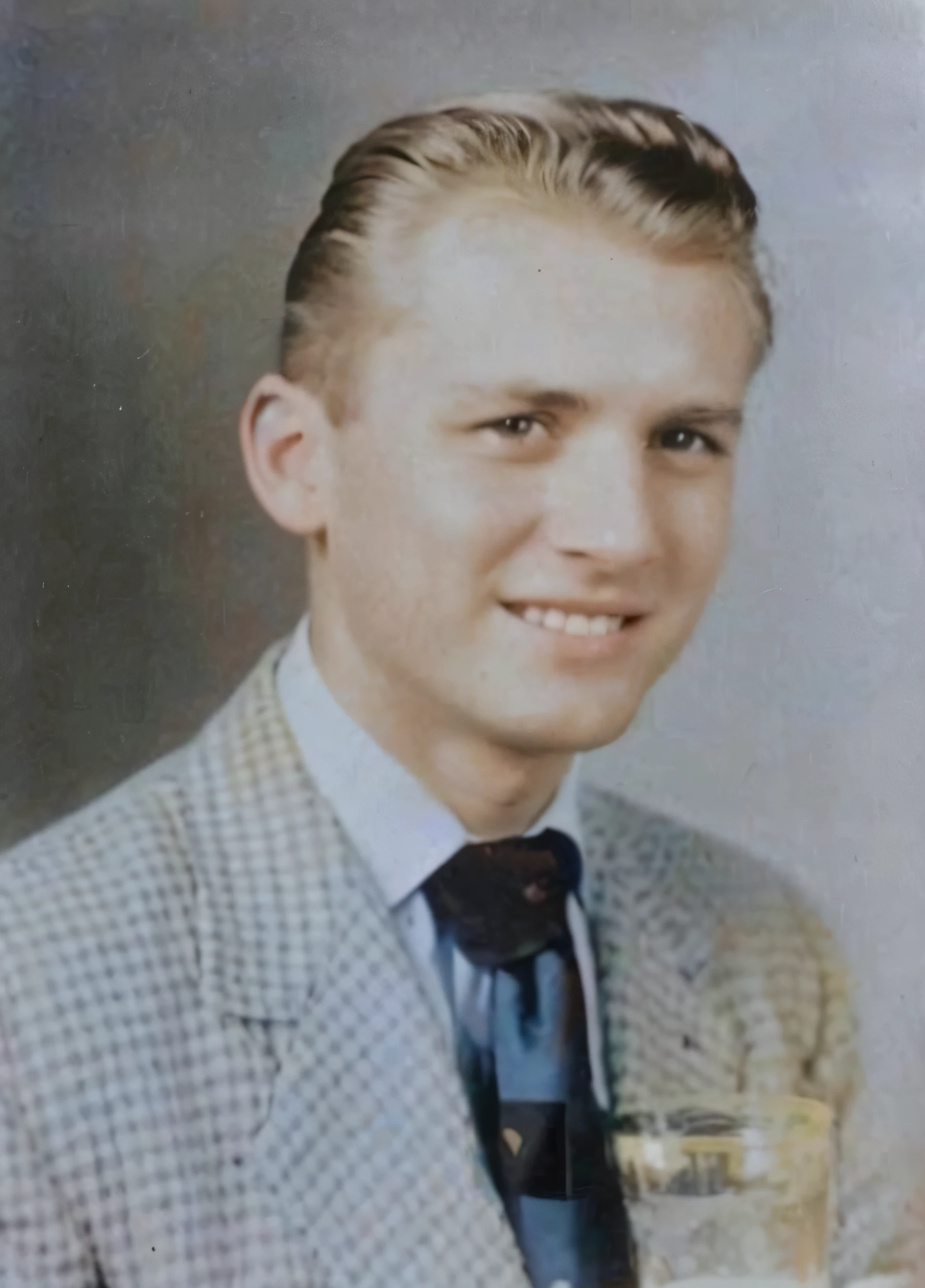 arafed photo of a man in a suit and tie holding a glass, around 1 9 years old, a colorized photo, taken in the early 2020s, old yearbook photo, colored photo, colorized photo, unknown location, photo 1960, coloured photo, 1950s photograph, old color photo, profile picture, aged 2 5