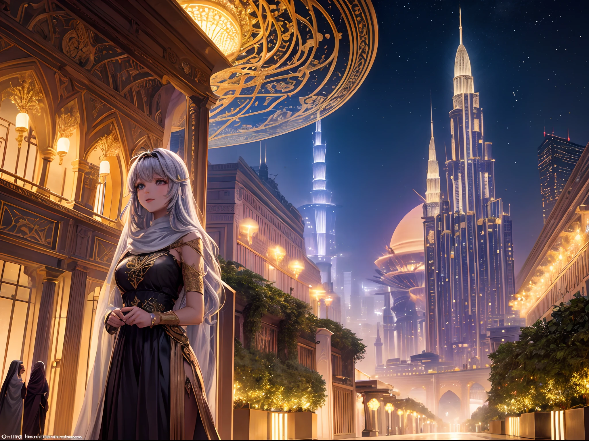 Generate a hyperrealistic cityscape that blends the architectural wonders of Dubai with the whimsical essence of a fairytale. Imagine a utopian metropolis where skyscrapers are adorned with intricate vines and luminescent flowers, casting an otherworldly glow against the night sky.