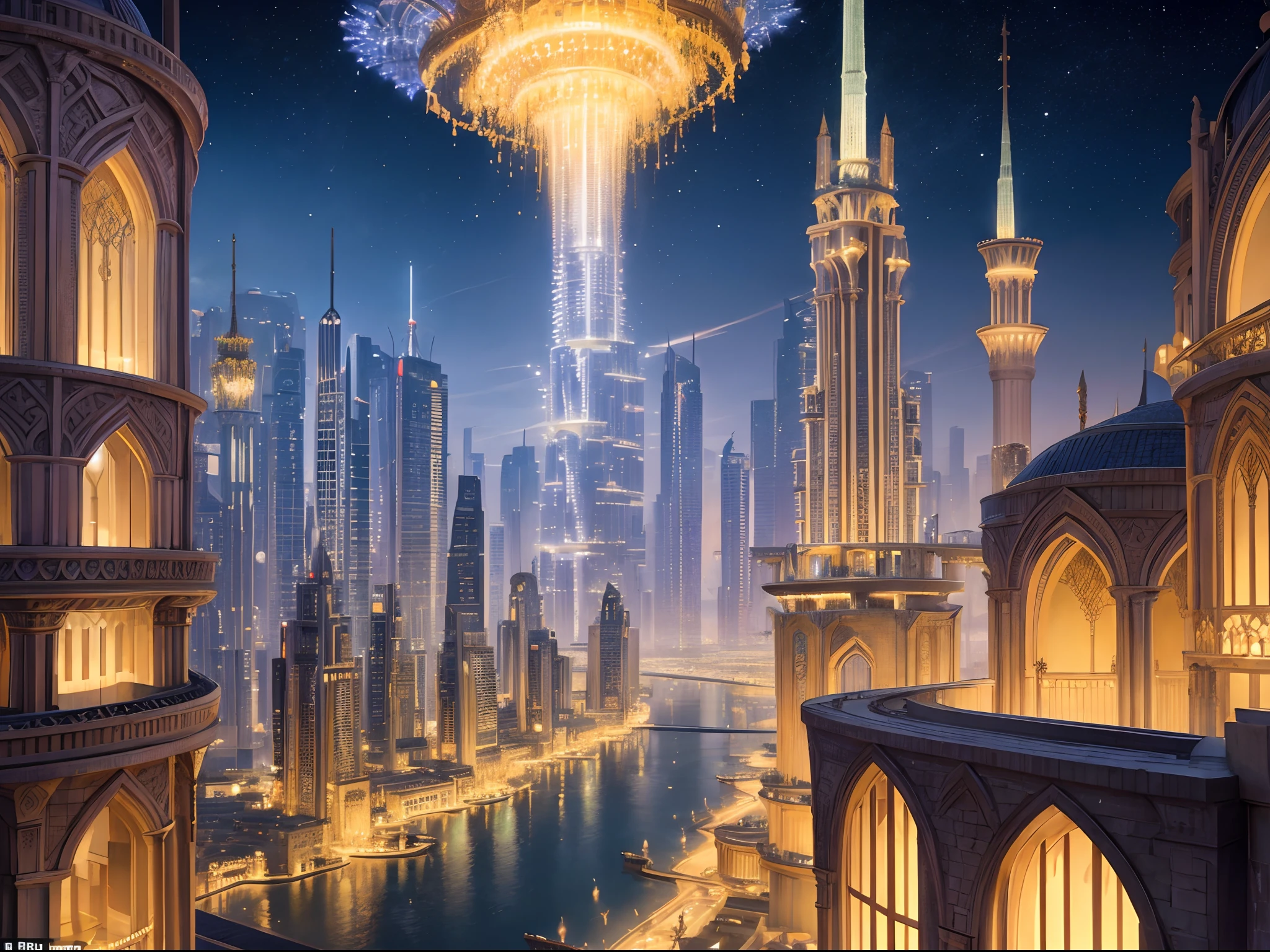 Generate a hyperrealistic cityscape that blends the architectural wonders of Dubai with the whimsical essence of a fairytale. Imagine a utopian metropolis where skyscrapers are adorned with intricate vines and luminescent flowers, casting an otherworldly glow against the night sky.