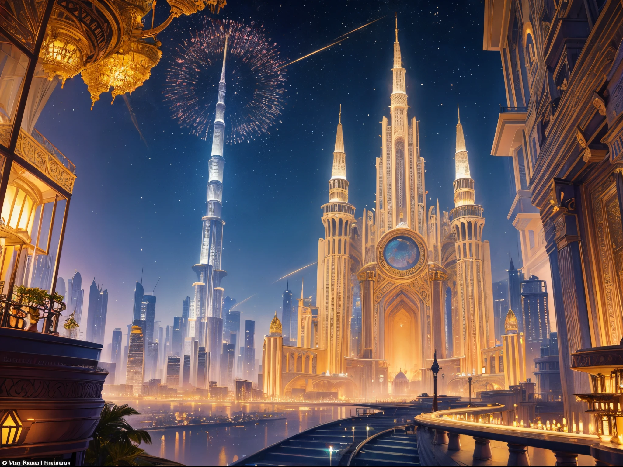Generate a hyperrealistic cityscape that blends the architectural wonders of Dubai with the whimsical essence of a fairytale. Imagine a utopian metropolis where skyscrapers are adorned with intricate vines and luminescent flowers, casting an otherworldly glow against the night sky.