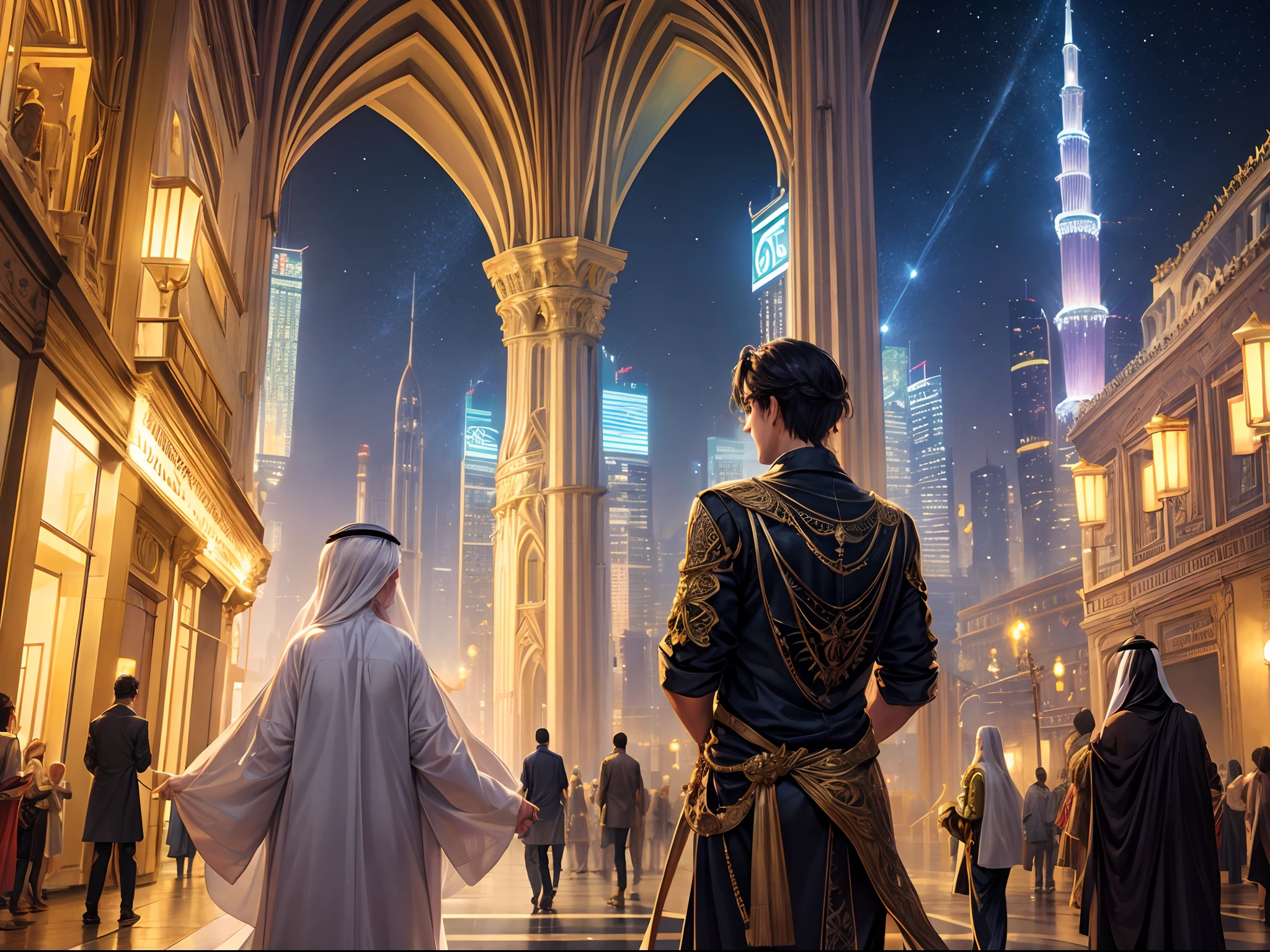 Generate a hyperrealistic cityscape that blends the architectural wonders of Dubai with the whimsical essence of a fairytale. Imagine a utopian metropolis where skyscrapers are adorned with intricate vines and luminescent flowers, casting an otherworldly glow against the night sky.