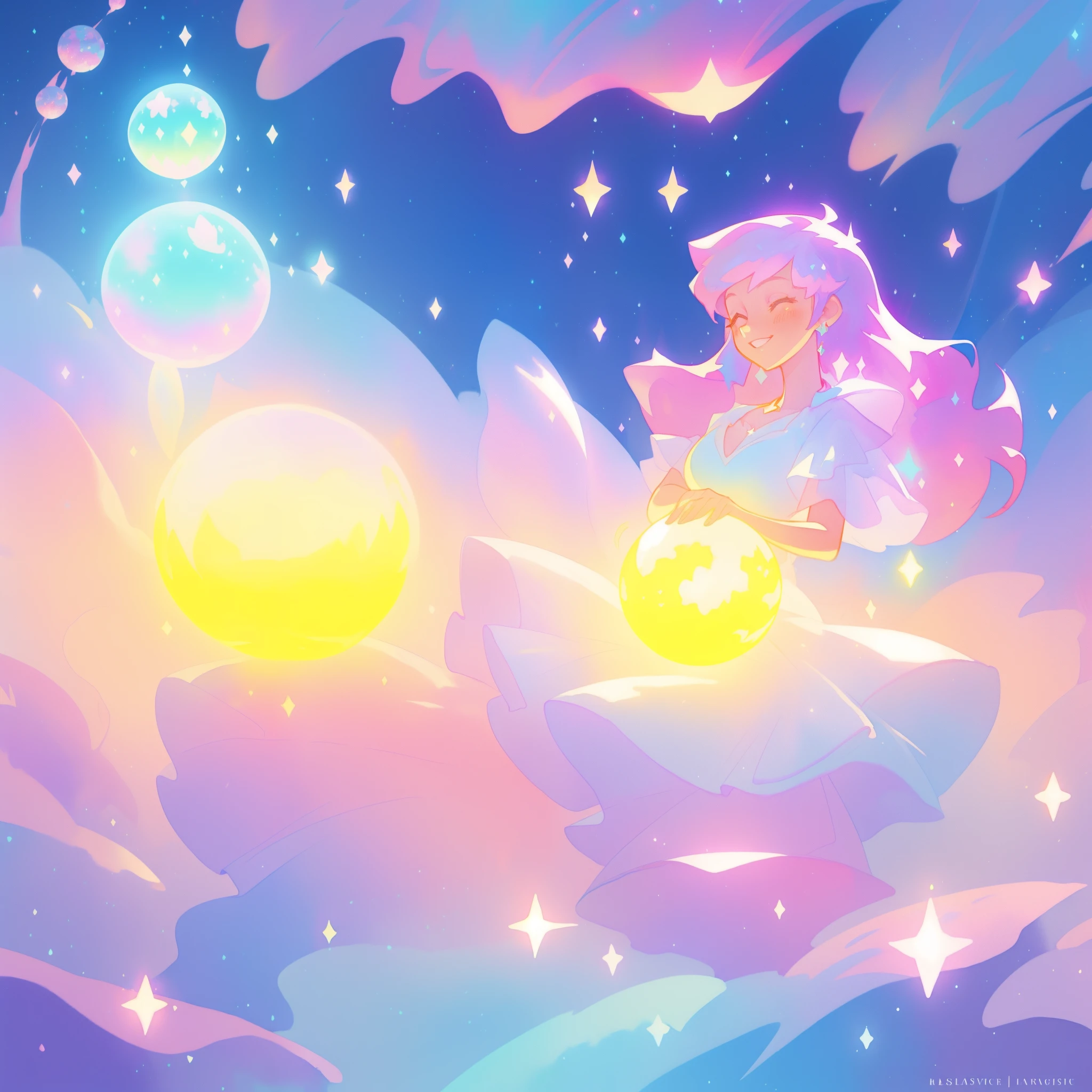 beautiful girl in sparkling white dress holding a magical sphere, ((sparkling puffy layered ballgown)), (magical, whimsical), (glowing magical orb), long flowing colorful hair, colorful fantasia background, watercolor illustration, disney art style, glowing aura around her, glowing lights, beautiful digital illustration, fantasia otherworldly landscape plants flowers, beautiful, masterpiece, best quality, anime disney style