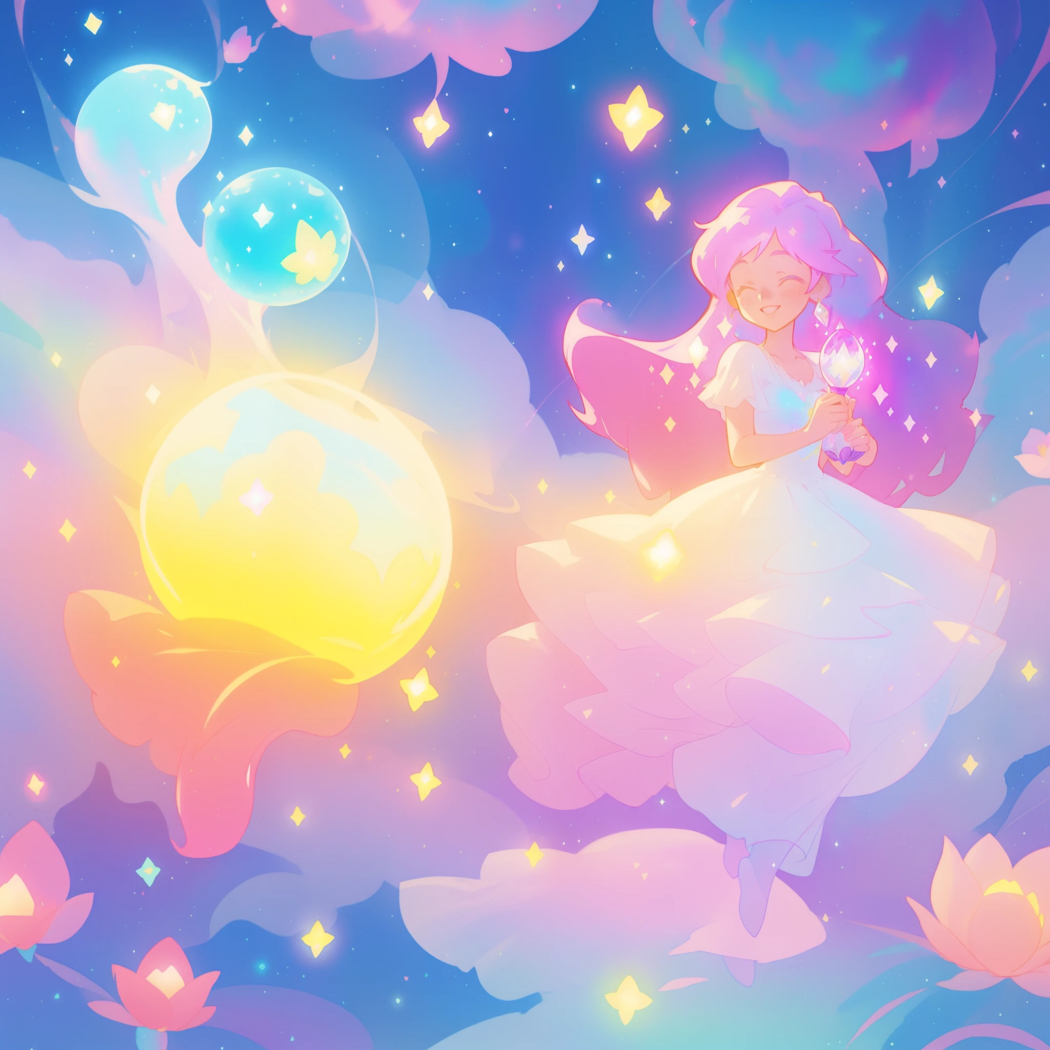 beautiful girl in sparkling white dress holding a magical sphere, ((sparkling puffy layered ballgown)), (magical, whimsical), (glowing magical orb), long flowing colorful hair, colorful fantasia background, watercolor illustration, disney art style, glowing aura around her, glowing lights, beautiful digital illustration, fantasia otherworldly landscape plants flowers, beautiful, masterpiece, best quality, anime disney style