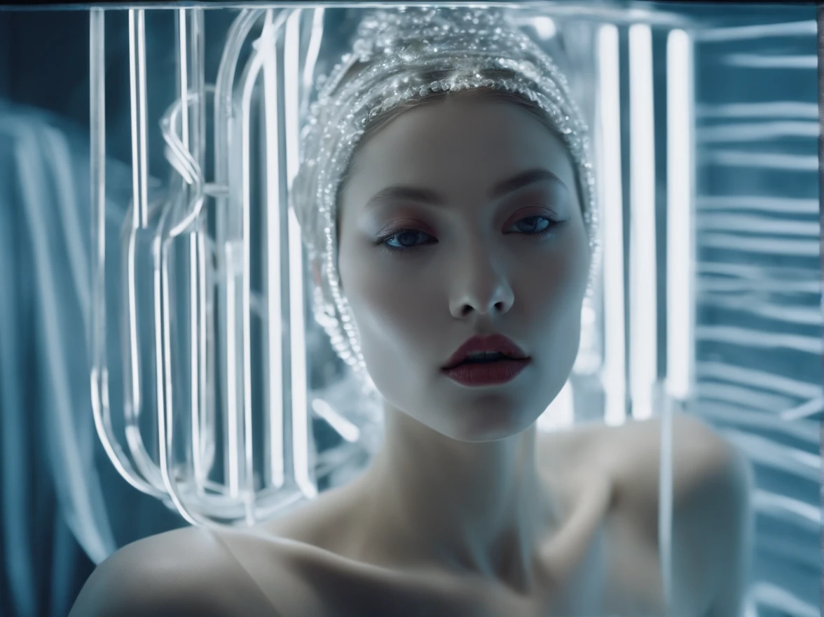 diana frost beauty, In an inorganic style illuminated by white neon lights, stripes and shapes, Norinobu Shinoyama, play with light and shadow, Excessiveness, Surreal details, surrealist style image、