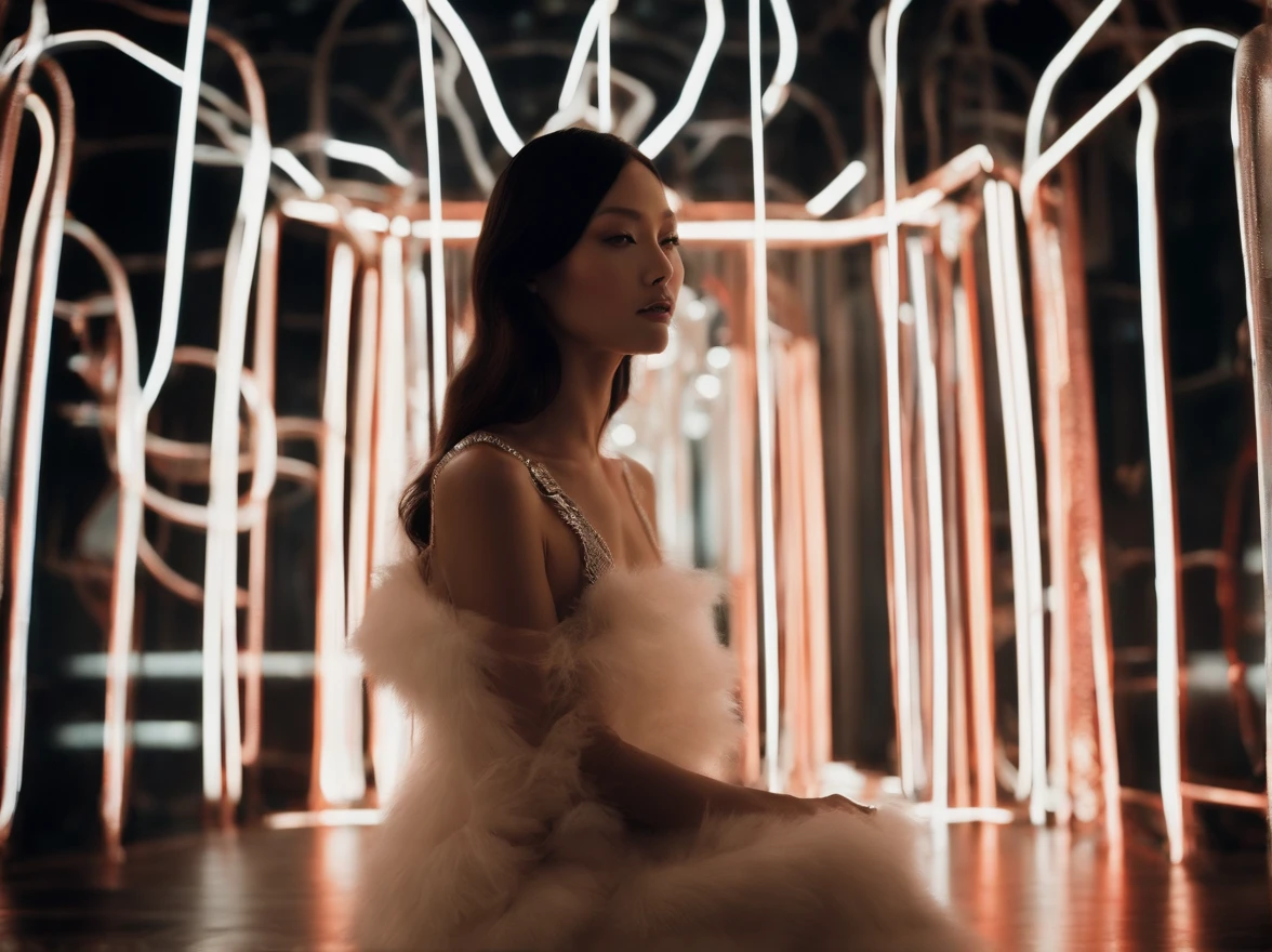 diana frost beauty, In an inorganic style illuminated by white neon lights, stripes and shapes, Norinobu Shinoyama, play with light and shadow, Excessiveness, Surreal details, surrealist style image、