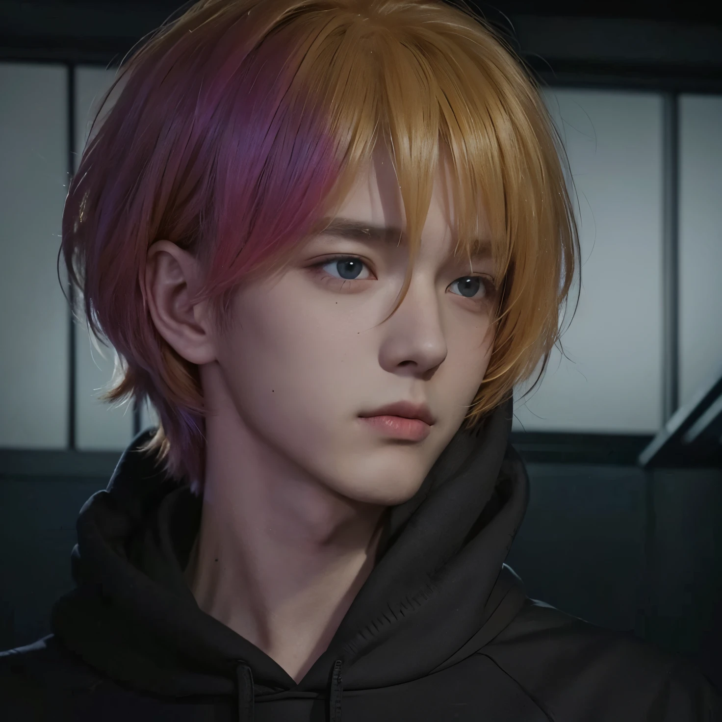 A teenage boy with realistic yellow hair, exactly the same hairstyle, realistic handsome face, realistic cool expression, Realistic black hoodie, realistic night, realistic light, realistic shadows, realistic background