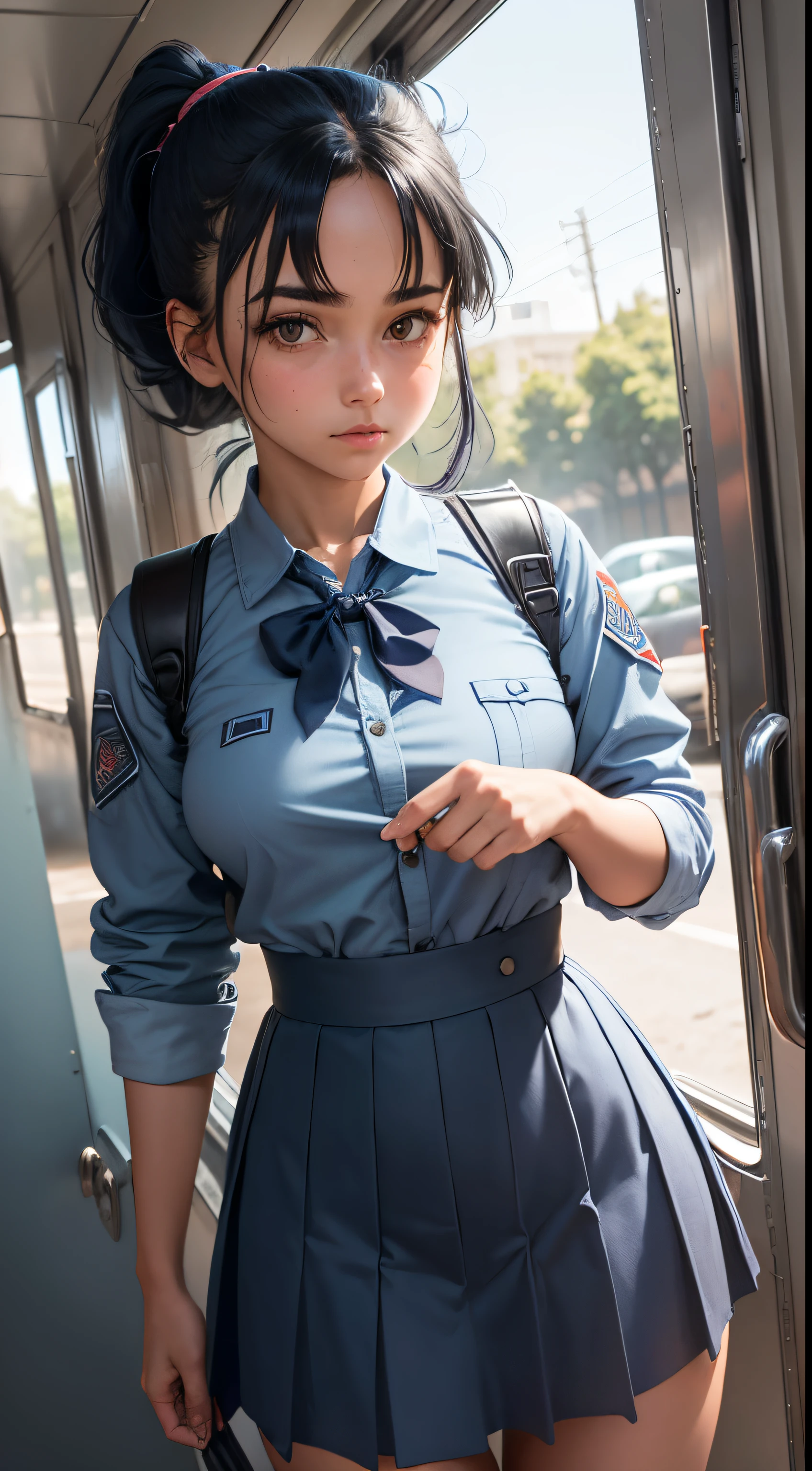 1 girl, standing alone, Laura S.. Arseid (hair long dark blue, ponytail and side bangs, smallboobs), (inspired by cold steel trails) in a school dress showing off her panties, in a military school, embarrased