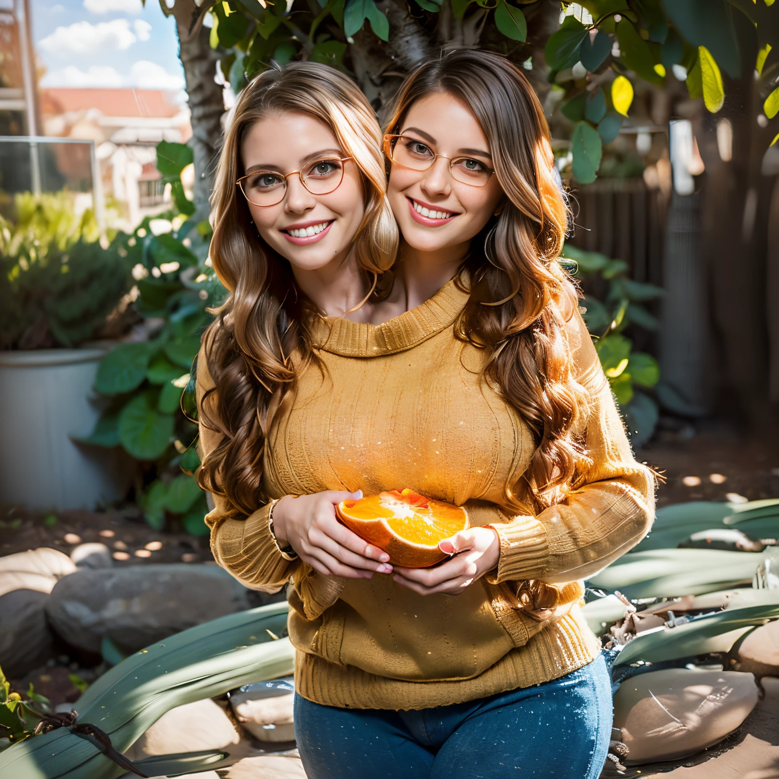 (((2heads))),(masterpiece, best quality:1.4), (modern days), thicc, obese,(full body shot), 1girl, solo, pov, sfw, stunning girlfriend, thick rimmed glasses, (standing:1.1), dynamic pose, (orange oversized stretched turtleck sweater ,orange knit sweater:1.4), (skinny white yoga pants, white yoga pants: 1.4), (((big bulge))),(denim jacket: 1.4), (long blonde hair), long curly red hair,bangs, heart-shaped face, elegant face, beautiful face, freckles, high detail face, high detail skin, skin pores, subsurface scattering, (blue eye details), realistic pupils, droopy breasts, loving smile, looking at the audience, full blush, plump lips, holding a watermelon, centered, , at a vegetable garden in her backyard in a typical american suburban neighborhood, wind, detailed background, depth of field, Atmospheric perspective, volumetric lighting, clear focus, absurd, realistic proportions, good anatomy, (realistic, hyper-realistic:1.4), 16k HDR,