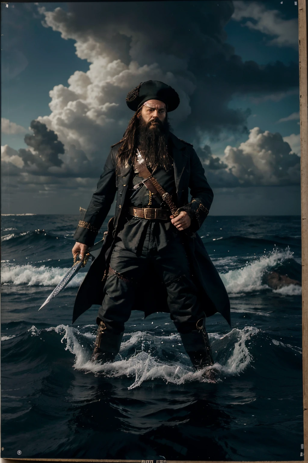 Background: A tumultuous sea under a sky laden with dark clouds, creating a threatening atmosphere. Character: Blackbeard, an imposing silhouette with a disheveled black beard. He wears a dark coat billowing in the wind and holds a sword in one hand. Details: Blackbeard's beard is adorned with colorful ribbons fluttering in the wind. Around him, pages from the manual "The Arts of Maritime Terror" float in the air, displaying excerpts with titles such as "How to Send Shivers Down a Sailor's Spine in Three Lessons." Atmosphere: Menacing and theatrical, capturing the strangeness of Blackbeard, with a contrast between his brutality at sea and his unique sense of fashion.