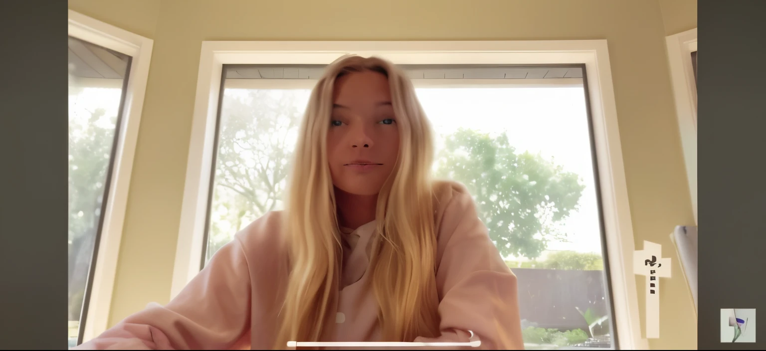 blond woman with long hair sitting in front of a window, youtube video screenshot, absurdly long blonde hair, tiktok video, she is facing the camera, with long blond hair, low quality video, sitting in her room, sydney sweeney, looking straight to camera, instagram story, extremely long thick blond hair, wavy hair spread out, snapchat photo, video still, tyler