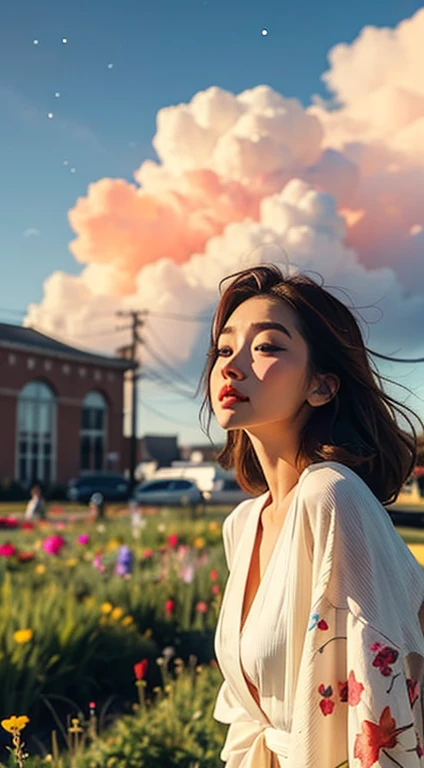 Beautiful face, beautiful body, Girl standing in the clouds staring up as the stars, stars floating around her, brilliant colors, amazing swirls of cosmic dust, colorful vibrant, light particles, Create digital artwork in the Pop Art style, Featuring a vibrant and confident young Asian girl,red flowery kimono dress, Movie color scheme, Surrounded by vintage flower motifs, Vibrant brushstrokes,Emotions should be dynamic, Upper body, Drawing, illustration, Many flowers,