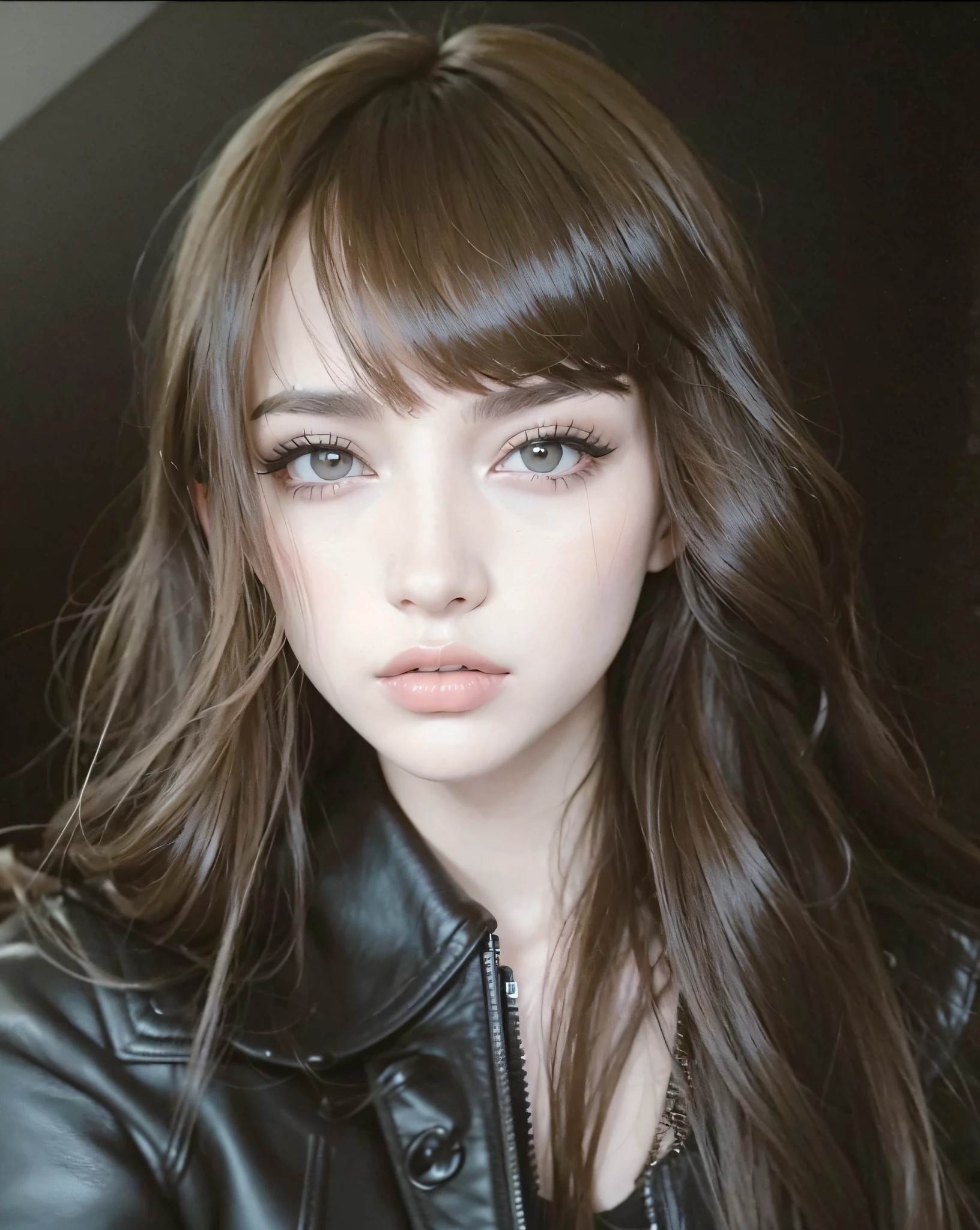 mulher arafa com cabelos longos vestindo uma jaqueta de couro preta, Lalisa Manobal, com franja, Ela tem cabelo preto com franja, cabelo arrumado com franja, Charli Bowater, com franja completa, franja preta, franja fofa, Retrato de Kim Petras, Retrato de Jossi de Blackpink, cabelos castanhos e franja, Ilya Kuvshinov com cabelo longo