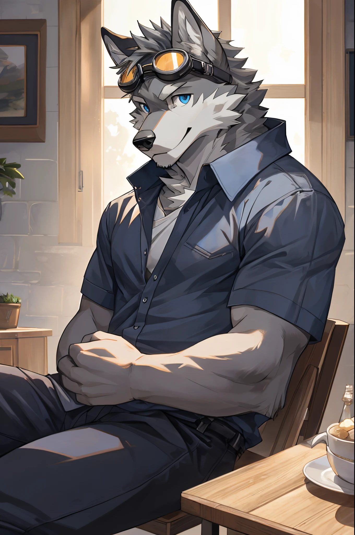 Masterpiece, Solo, Furry Gray Wolf, Gray Fur, Blue Eyes, Gray Medium Hair, Medium Muscular Body, Cool Pose, Charming, Handsome, Good Looking, Casual Shirt, Goggles, Warm, Comfortable.