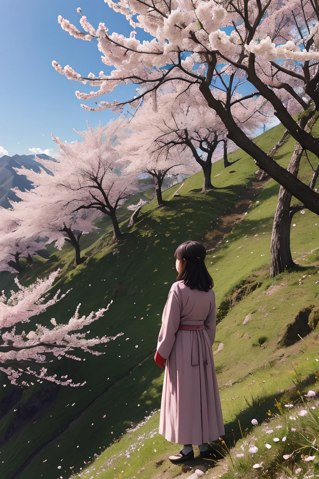 The hillside is full of plum blossoms，There is a woman standing on the hillside looking out