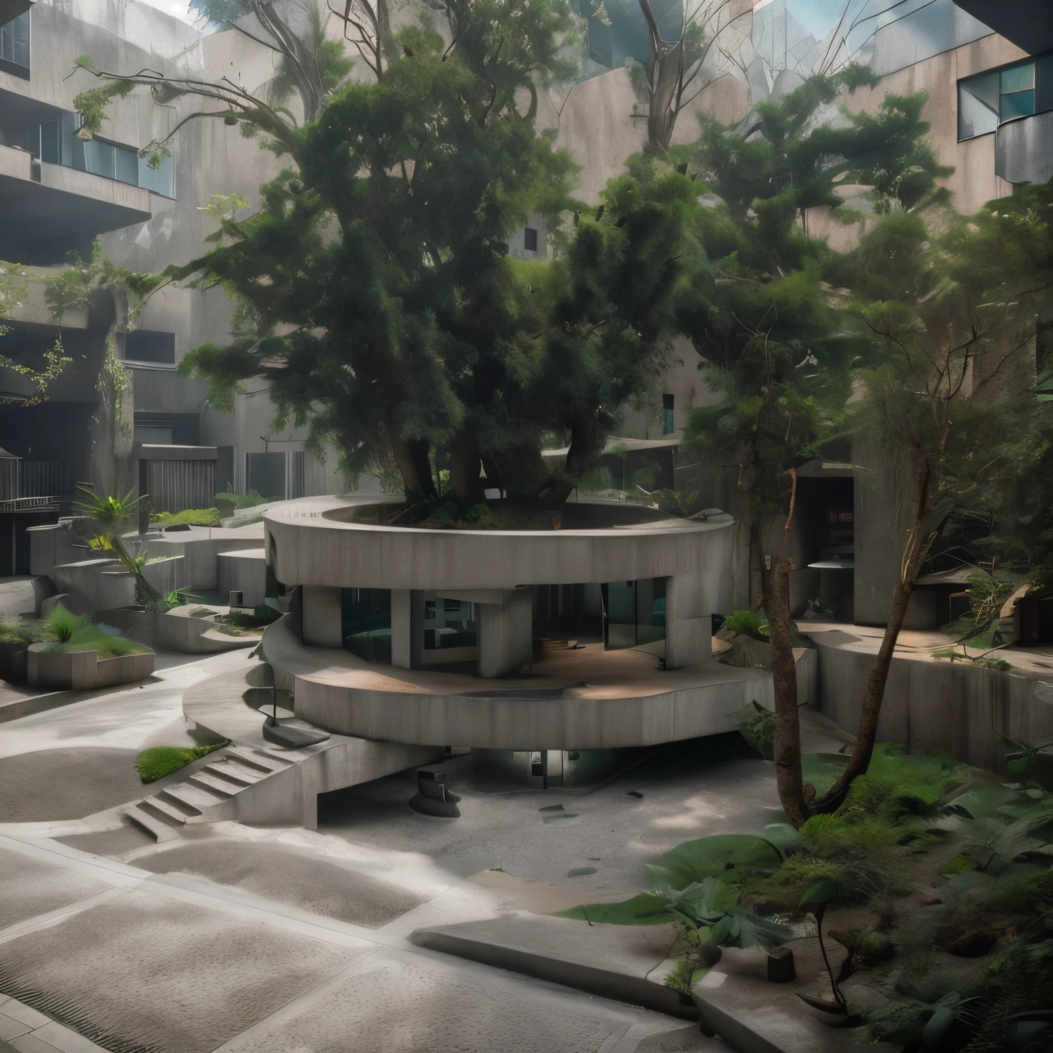 community space, Concrete,Sunlight, Vegetation,
natural colors, Ray-tracing