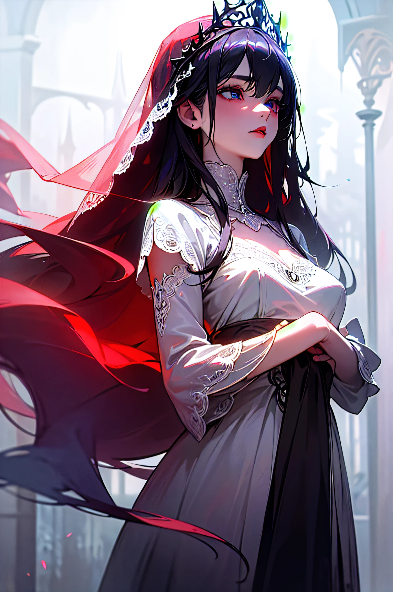 (best quality,4k,8k,highres,masterpiece:1.2),ultra-detailed,(realistic,photorealistic,photo-realistic:1.37),beautiful zombie,zombie bride,undead,cute,white dress,wedding,flowing hair,long hair,white skin,ethereal,moonlit night,wilting flowers,whispering trees,dark and mysterious background,wistful expression,pale complexion,piercing eyes,vibrant red lips,delicate lace veil,vintage veil,ornate tiara,faintly glowing aura,vivid colors,intricate embroidery,blood-red roses,dramatic lighting,hauntingly beautiful,tranquil atmosphere,spooky yet enchanting,ghostly presence,ethereal charm,gentle breeze,serene ambiance,soft twilight glow,floating spirits,romantic and eerie,mystical allure,subtle decay,magic in the air,hauntingly elegant silhouette