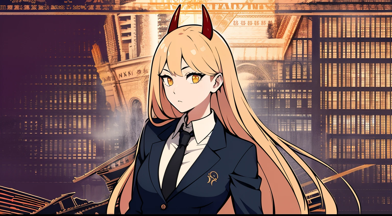 masutepiece, (hyper detailed background, Delicate pattern, intricate detailes, Highly detailed, Fine details), Best Quality, power, 1girl in, Horns, Solo, cross-shaped pupils, Long hair, Yellow eyes, ((Blonde hair, Small breasts)), red horns, Jacket, (intricate detailed background, Inside, (((cross-shaped pupils, symbol-shaped pupils))), White shirt,  Collared shirt, black necktie, Blue jacket,Lots of buildings in the background