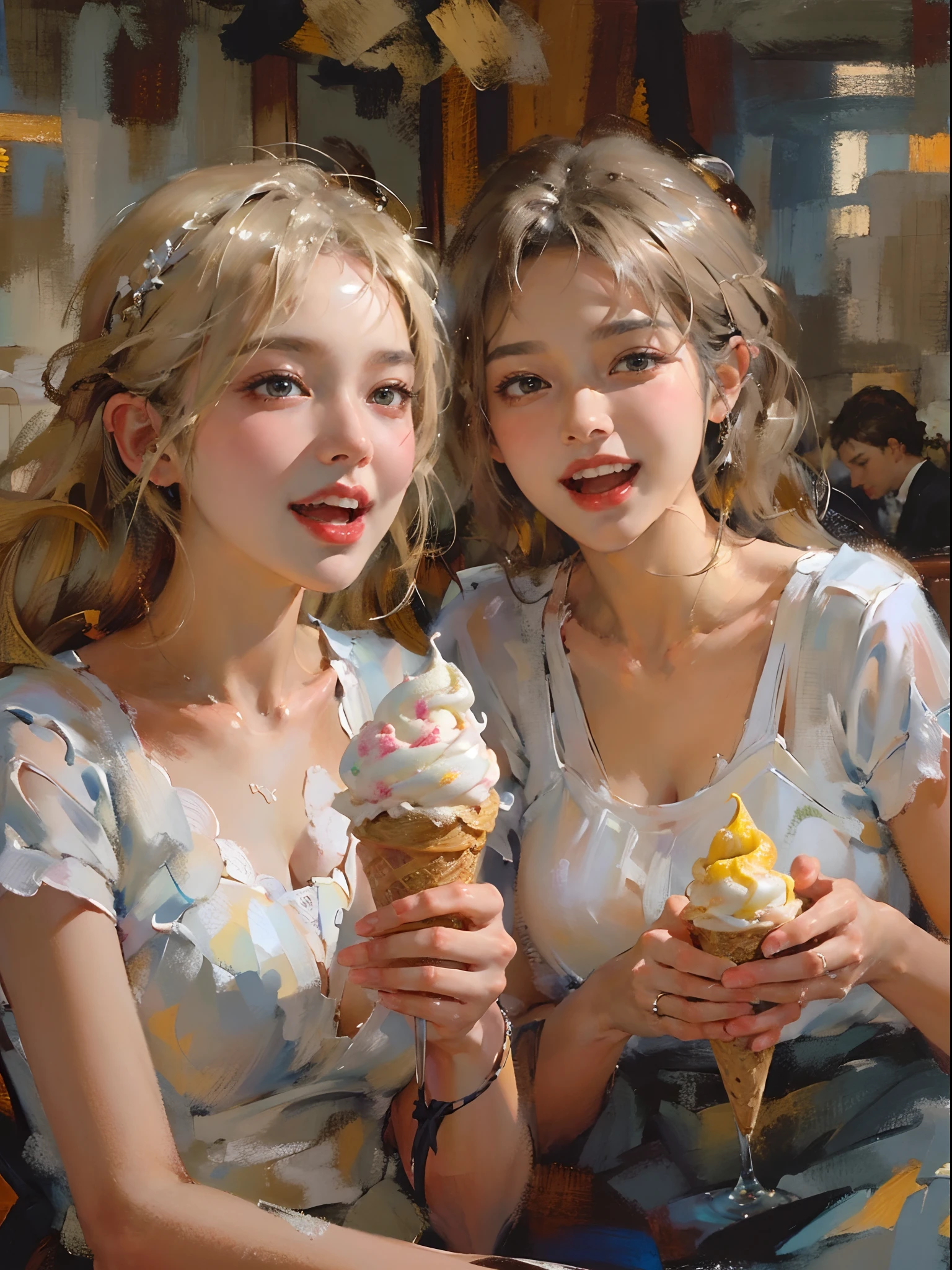 (2 girls),((Yuri))),((Eye contact))),(Look at each other),eating ice cream,out your tongue,sitted,(Best quality at best), ((tmasterpiece)), (A high resolution), borgar,Perfect mature female figure, slim toned body,Original, mediuml breasts,High detail 8K wallpaper, perspiring,Wet hair,(very delicate beautiful),Contour deepening, realisticlying, Precise geometry, Complicated details, eat an ice cream,Smiling, closeup cleavage,(Fechin oil painting - Fechin oil painting , oil painted), 00