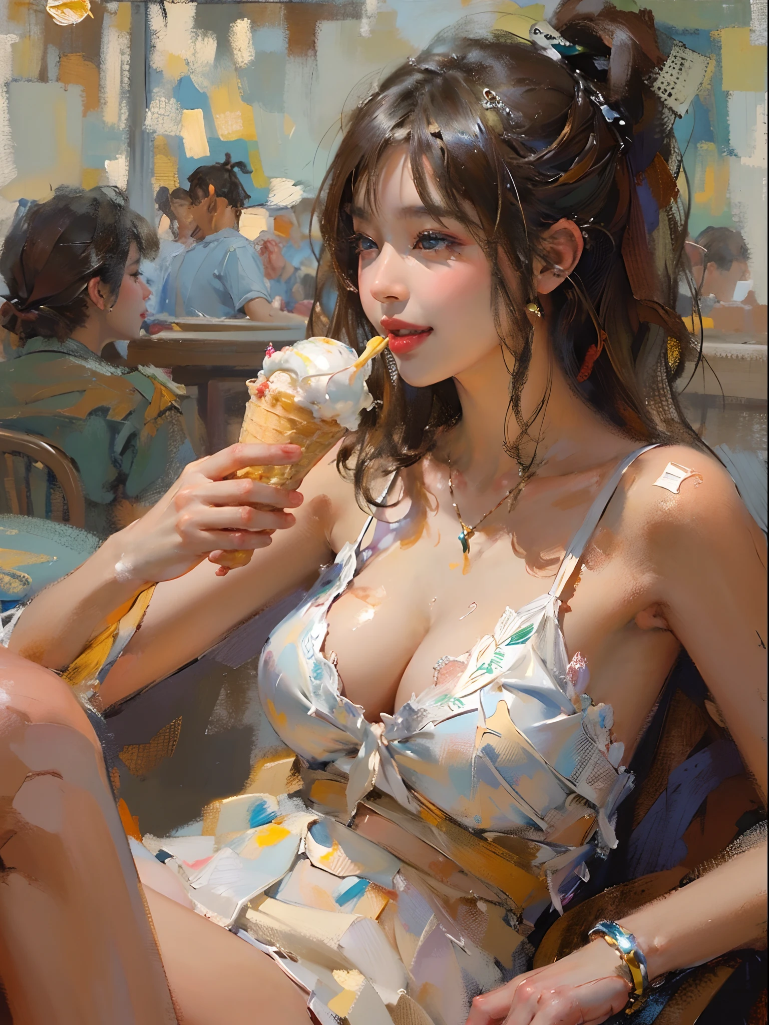 (2 girls),((Yuri))),((Eye contact))),(Look at each other),eating ice cream,out your tongue,sitted,(Best quality), ((tmasterpiece)), (A high resolution), pay,Perfect mature female figure, slim toned body,Original, mediuml breasts,High detail 8K wallpaper, perspired,Wet hair,(very delicate beautiful),Contour deepening, realistically, Precise geometry, Complicated details, eat an ice cream,Smiling, Close-up cleavage,(Fechin Oil Painting - Fechin Oil Painting , oil painted), 03