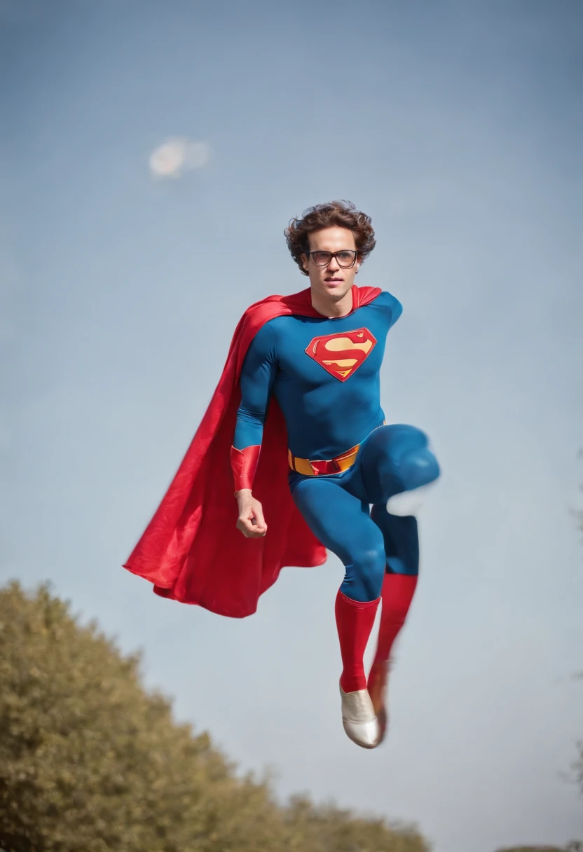 A fun shot of Greg dressed up as a superhero, flying through the sky with a cape,original,greg is 6 foot, white, short curly brown hair, round glasses, slightly narrow face. 7/10 handsome. Well put together.