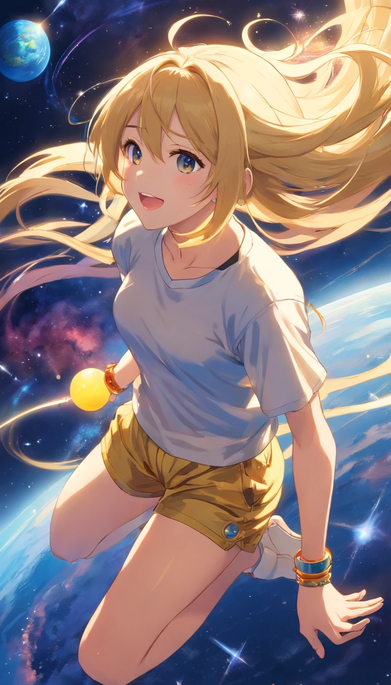 30 year-old light goddess of the heavens, long gold hair, hair accessories, happy_face, wide open mouth, sitting on the Earth in outer space, bracelets, necklaces, navy blue and gold gym shorts, heavenly t-shirt, light wand, sitting directly on top of planet, backshot