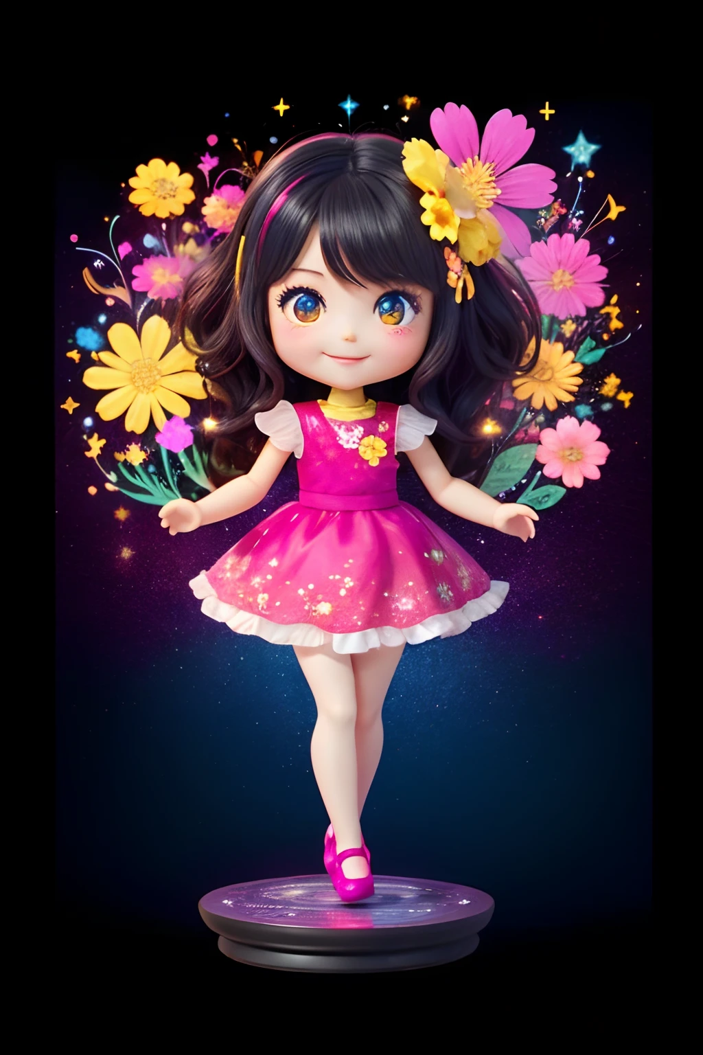 Extremely detailed,(Fractal Art:1.1),(Colorful:1.1)(Flowers:1.3)、 (Dynamic Pose), (Abstract background:1.3)、(Many colors:1.4)、Place one small doll on a circular stand、kawaii pose、A smile、A dark-haired、Chibi Doll、Stars in the eyes(kirakira)、Singing with microphone in hand、Eye Up、Laugh、Cute red shoes、Ultra Detail, radiant light、bio luminescent、Stronger bokeh effect