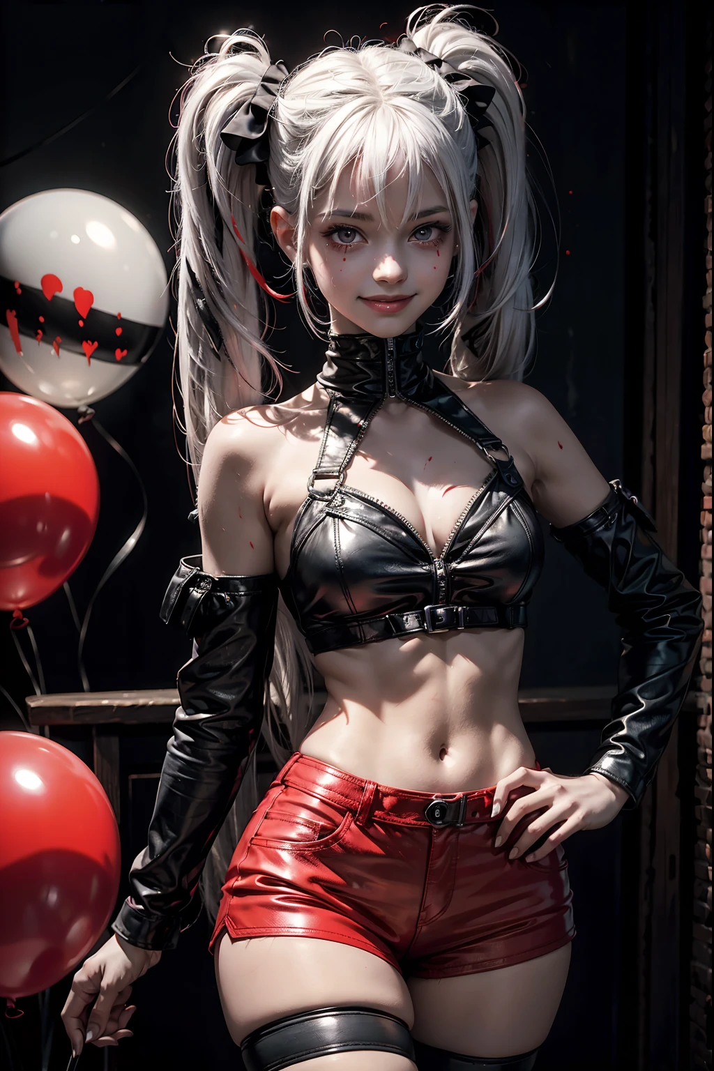 Macabre. an oil painting of dark figure, a teen girl clown smiling with red paint. tight leather shorts. white hair in twintails. dark ambient. background a dark room with red ballons.