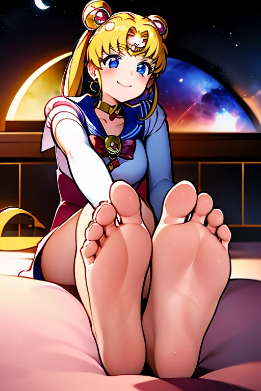 Masterpiece, best quality, (1 girl), with Sailor Moon super Sailor Moon costume, sitting on the floor, smiling, happy, a big yellowish full moon behind her, white gloves, blue eyes, galaxy background, sailor uniform white senishi, with a large red bow on her chest, a navy blue skirt, circular gold hair clips with a red center on top of her head, one on the right and one on the left, a red bow on her chest, a heart brooch, earrings, half moon, heart necklace, very long blonde hair, two very long pigtails, one on the left and one on the right that reach the floor, crescent moon earrings, yellow tiara on the forehead with a small red circle in the middle , yellow collar, sitting, legs stretched forward, barefoot, showing soles. of her feet, the soles of her feet are big and smell bad, the shape of the perfect foot, five toes,perfect anatomy of the feet, stinky feets, five toes on the right foot, five toes on the left foot, perfect anatomy of the right foot, perfect anatomy of the left foot,anime, Sailor Moon