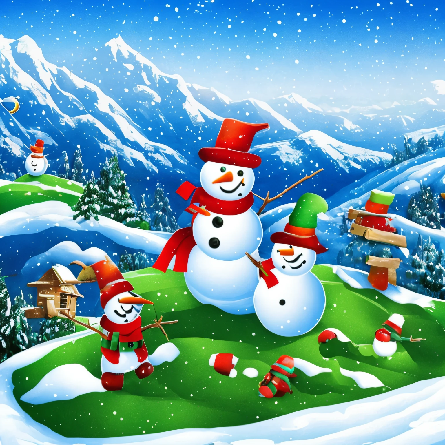 super high quality, The snowmen are marching, carrying snow, The green land is covered in snow only where the snowman passes, wind, (magnificent view:1.5), iridescent, professional lighting