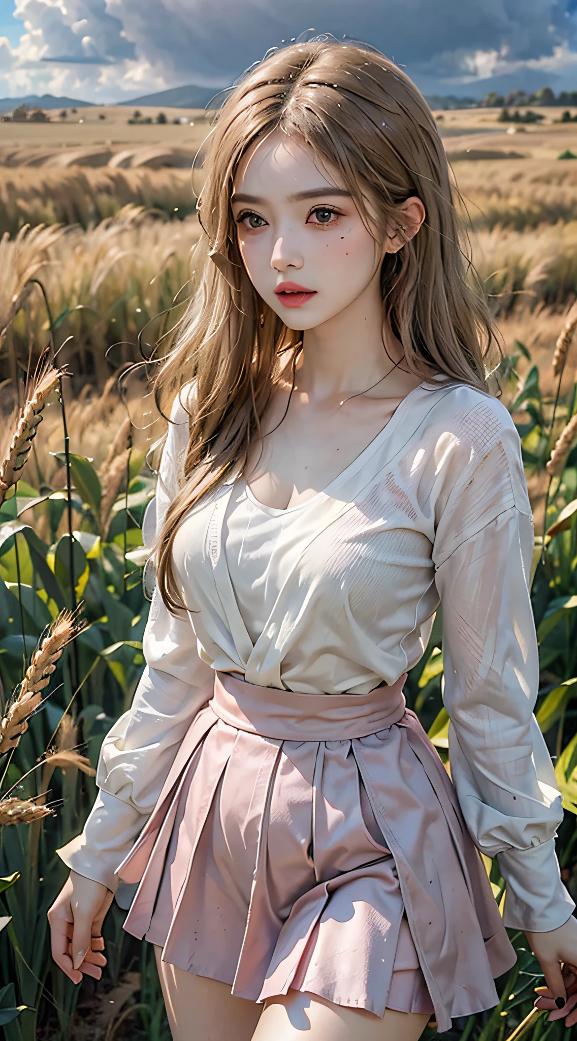 full bodyesbian, Portrait of cute blonde girl, Standing on a wheat field (((Look away))), full bloom, orange fog, sport, thin hair, hentail realism, high quality rendering, stunning art, high qulity, filmgrain, 富士XT3, dream-like, acne, Freckled, imperfections, Pink skirt