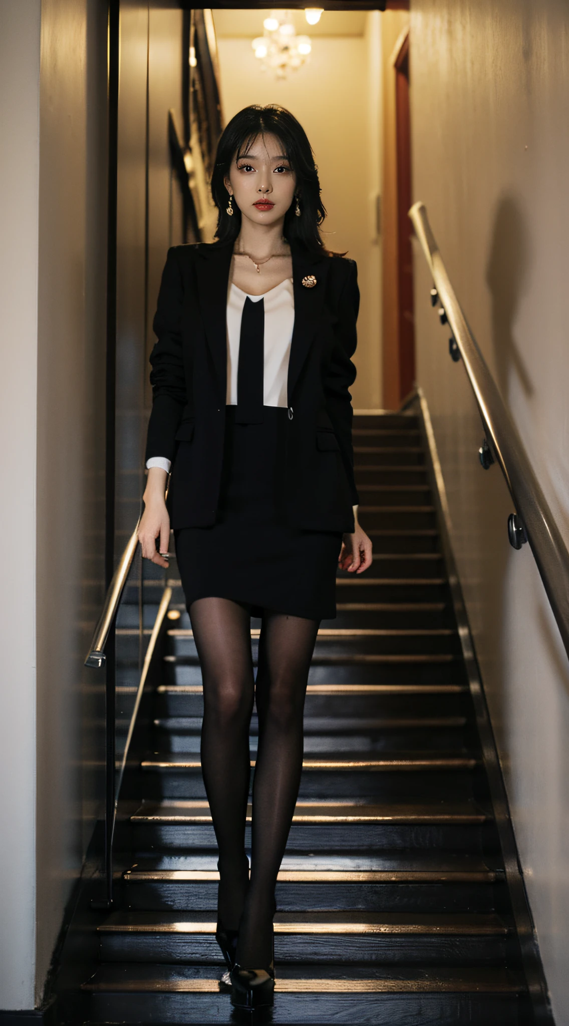 Best quality at best,tmasterpiece,超高分辨率,(realness:1.4),RAW photogr,Cinematic texture,1 beutiful girl,Gray slim fit short blazer,Black dress inside,Gray-black stockings,high-heels,black shoulder-length straight hair,Metal earrings,Standing casually in the stairwell,Long legs,good body