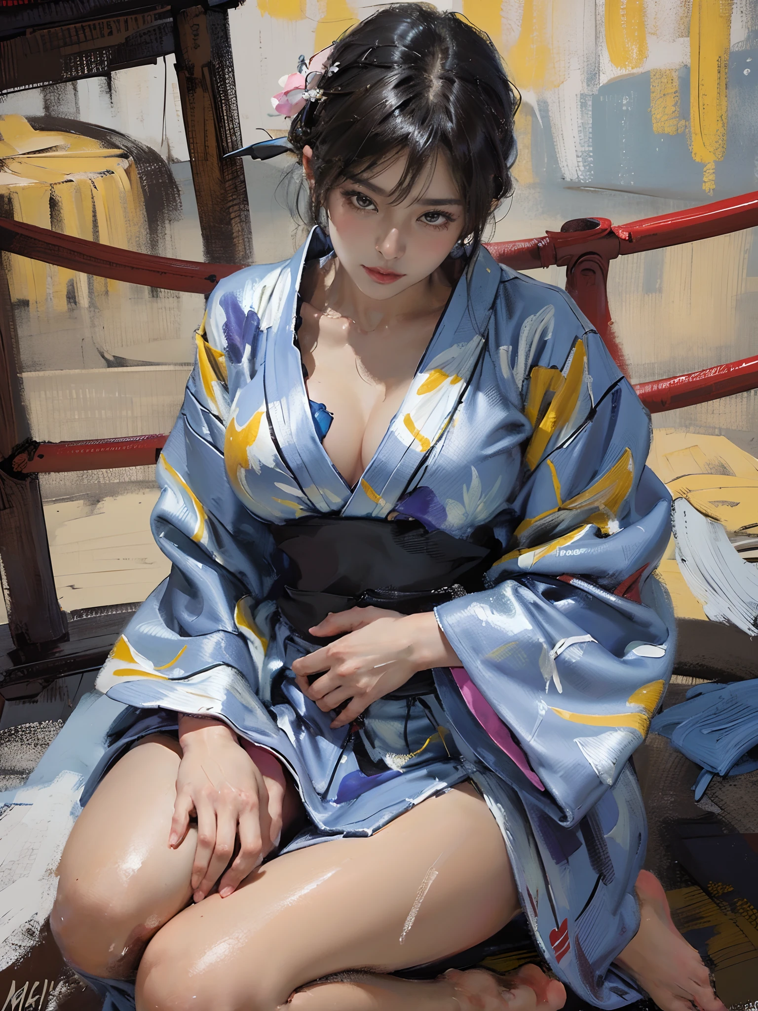 There is a woman squatting on the tatami,(((A MILF: 1.4))), (Beautiful curves:1.35),(((Dark skin))),bending poses,, ((The large )),((Lose weight completely )), (((Pinching the crotch while wearing a yukata))),((take off your bathrobe)),((pubes)), Sam rice cereal, Beautiful Japanese wife，model in Japan，Close-up of chest，Raised on back on bed,Charming and sexy legs，((Sexual suggestiveness)),,(Fechin Oil Painting - Fechin Oil Painting , oil painted), 02