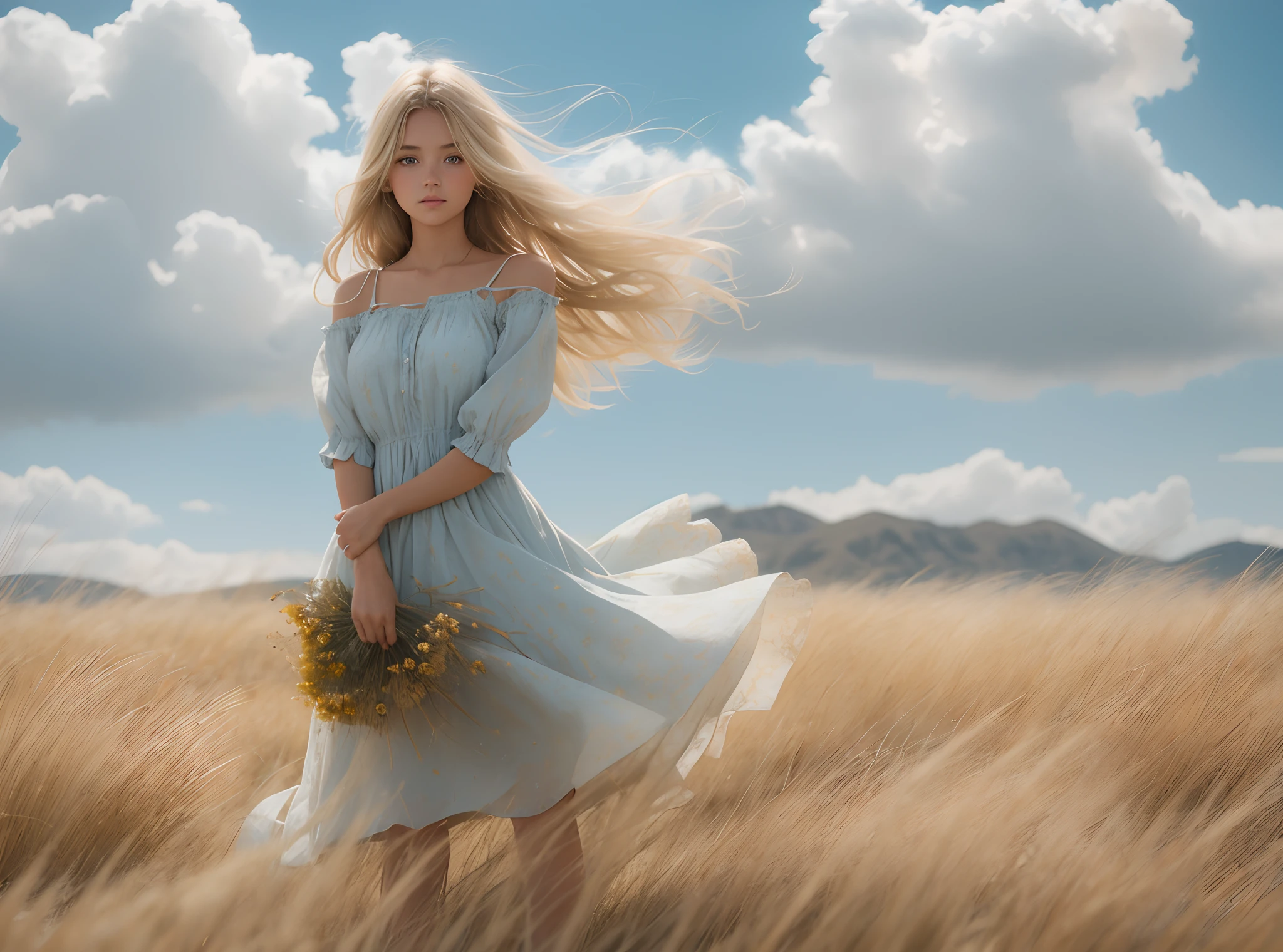 A Beautiful young girl holding dried cut flowers, sandy blonde willowy hair, swirling, twisting, tan brown yellow light blue off white, she is wearing light brown dry looking flowing summer dress, standing in a field of long blowing dry summer grass, end of summer high wispy clouds, blue sky, summer blowing wind, 8k