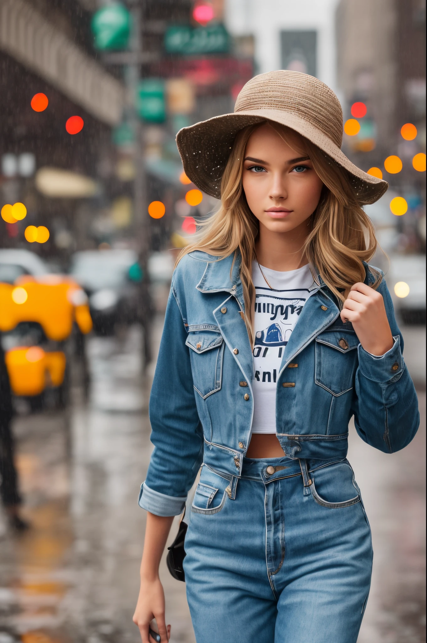 beautiful 20 year old fashion model , with a hat, walking in new York, on a rainy day --auto --s2