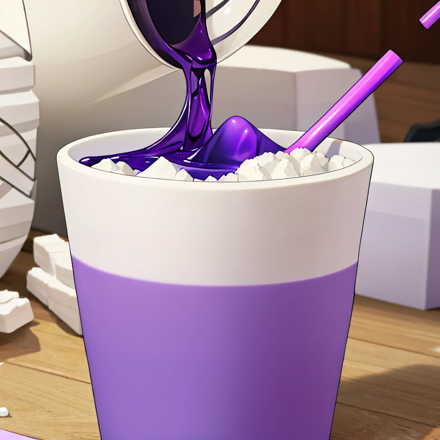 Styrofoam cup with purple liquid. roxo vibrante, copo Branco, ice and smoke, clima de festa balada, roxo e branco