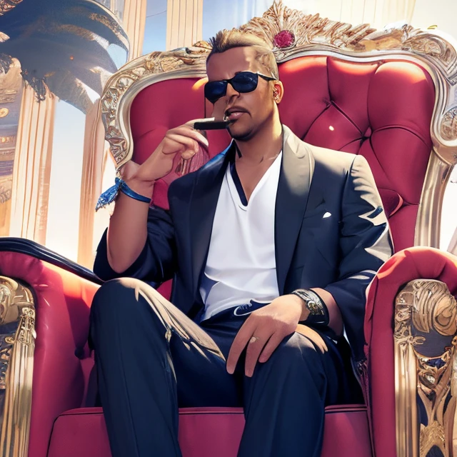 There was a man sitting in a chair，Cigar in hand, Movie Promotional Image, sat in his throne, album covers, seated on a throne, seated on a throne, sat in his throne, corporate boss, seated on a throne, Propaganda art, seated on a throne, Official artwork, new album cover, Penthouse owner , sitting in a plastic throne