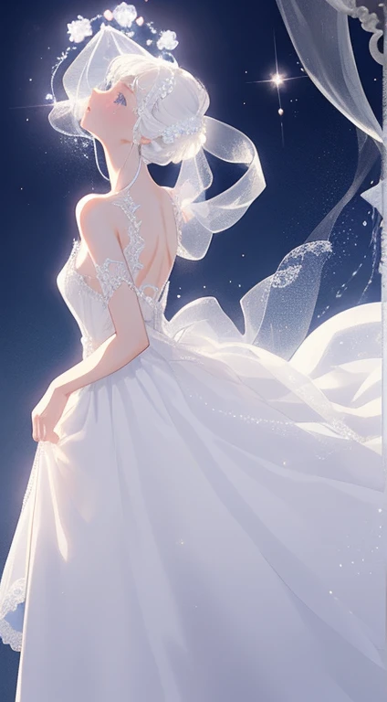 There is a dress on a mannequin stand with light,, translucent dress, white royal dress, Elegant white dress, fantasy dress, Elegant dress, magical dress, romantic dress, intricate fantasy dress, complex white dress, Wearing a beautiful white, lady dress with glowing flowers, ethereal and dreamy, dream style, White Dress, embroidery, Backlight
