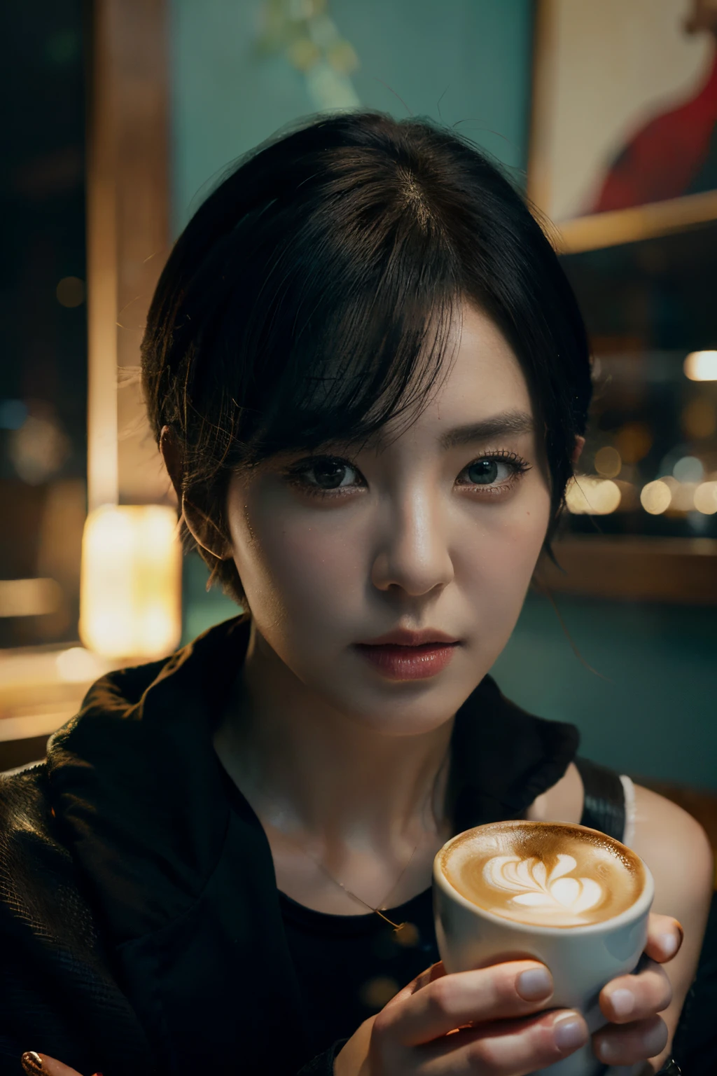 a character portrait by Yang J, pixiv contest winner, fantasy art, boy cut short haired deity, beautiful character painting, artwork in the style of guweiz, the piercing stare of yuki onna, guweiz, with black short hair, drinking coffee in a cafe