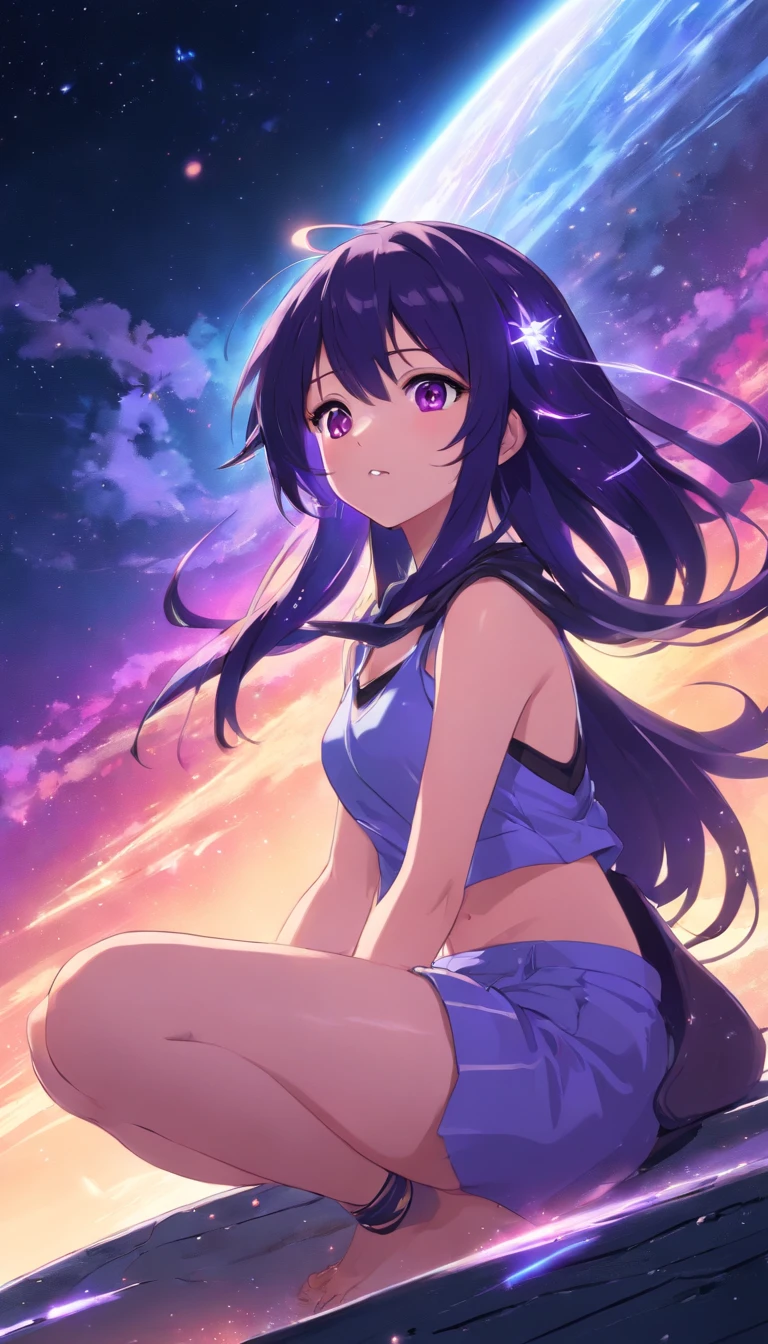 30 year-old light goddess of the underworld, long black and purple hair, hair accessories, sinister expression, wide open mouth, sitting on the Earth in outer space, spiky bracelets, necklaces, underworld t-shirt, wand of darkness, sitting directly on top of planet, backshot