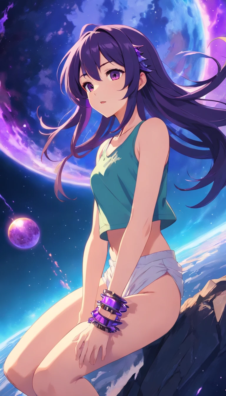 30 year-old light goddess of the underworld, long black and purple hair, hair accessories, sinister expression, wide open mouth, sitting on the Earth in outer space, spiky bracelets, necklaces, underworld t-shirt, wand of darkness, sitting directly on top of planet, backshot