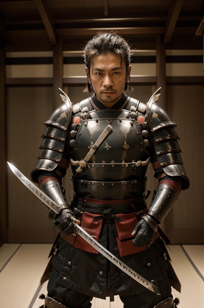 japanese aesthetics, samurai armored warrior with raised katana slashing tameshigiri , ronin, fantasy armor, dinamic, young man, Musashi Miyamoto, pen and ink, samurai armor, bushido pose, hanafuda background, two katanas, a katana for each hand
