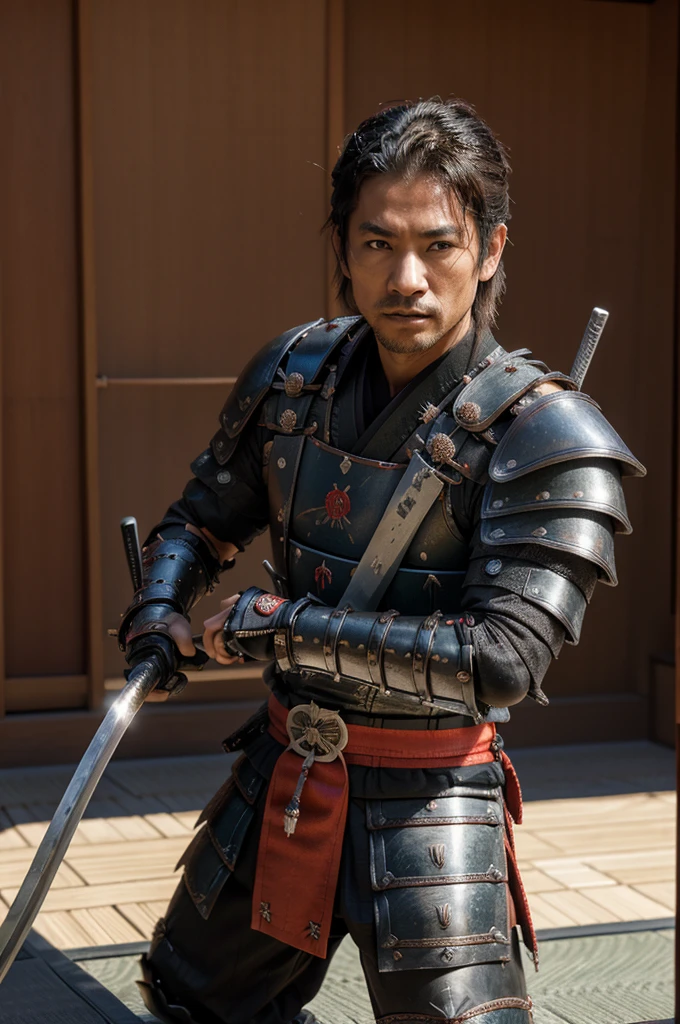 japanese aesthetics, samurai armored warrior with raised katana slashing tameshigiri , ronin, fantasy armor, dinamic, young man, Musashi Miyamoto, pen and ink, samurai armor, bushido pose, hanafuda background, two katanas, a katana for each hand