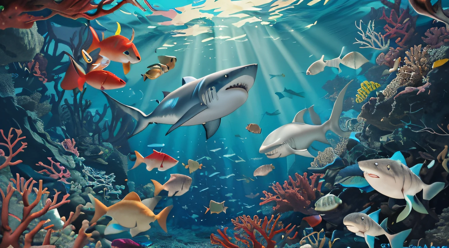 Ocean Forest, The corals, Various fish, White shark, Lanternfish, Small fish, Marine fish