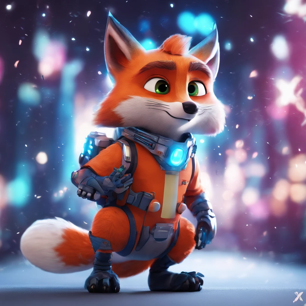 Close up of cartoon fox wearing white simple aerospace glowing costume, 《Zootopia》Nick Wilde, Nick Wilde, Disney style furry, Zootopia style, in zootopia city, Disney Zootopia style, digital fox, Cunning, zootopia movie style, zoo style, an anthropomorphic cyberpunk fox, Anthropomorphic fox 3D rendering, Wojtekfors, stylized 3d render, Wallpaper 4k"Create masterpieces of adorable creatures with inspiring, hyper-detailed concept art。Unleash your inner Cu73Cre4ture programmer with the power of steady diffusion,Bring your imagination to life!”,high detal,8k fox