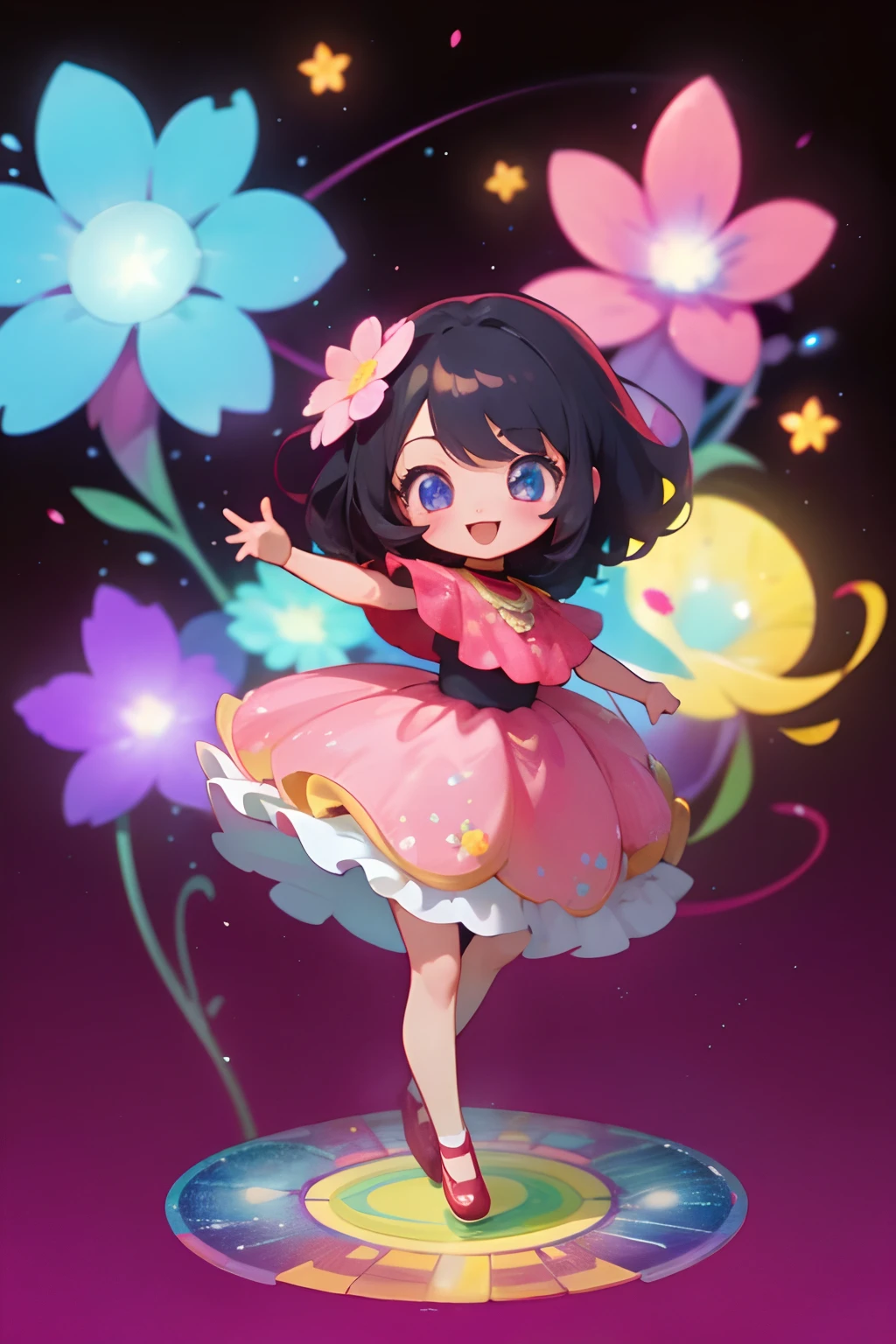 Extremely detailed,(Fractal Art:1.1),(Colorful:1.1)(Flowers:1.3)、 (Dynamic Pose), (Abstract background:1.3)、(Many colors:1.4)、Place one small doll on a circular stand、kawaii pose、A smile、A dark-haired、Chibi Doll、Stars in the eyes（kirakira）、Singing with microphone in hand、Eye Up、Laugh、Cute red shoes、Ultra Detail, radiant light、bio luminescent、Stronger bokeh effect