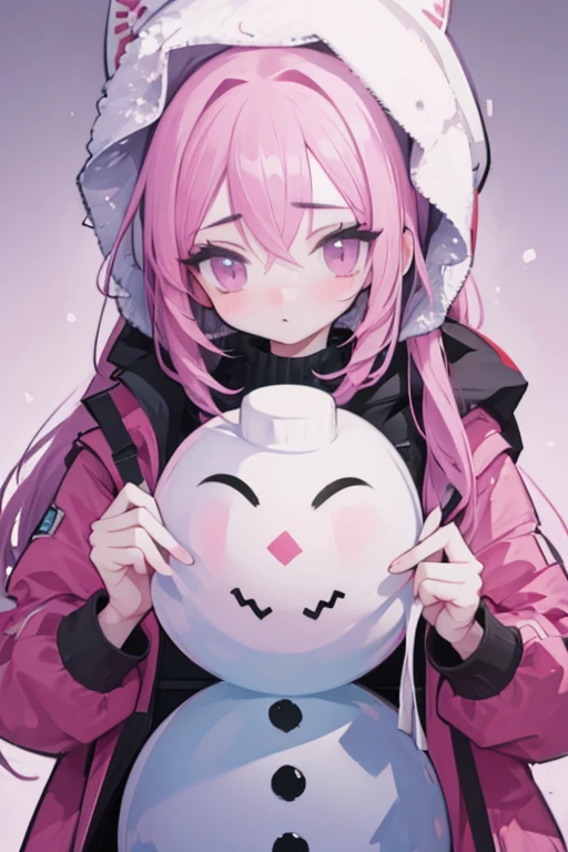 A pink haired woman with violet eyes is making a snowman in a winter coat.