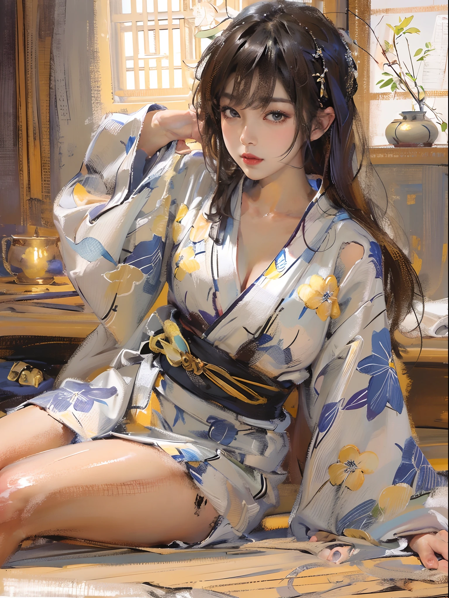 There is a woman squatting on the tatami,(((A MILF: 1.4))), (Beautiful curves:1.35),(((Dark skin))),Bending posture,, ((bigger )),((Lose weight completely )), (((Pinching the crotch while wearing a yukata))),((take off your bathrobe)),((pubes)), Sam rice cereal, Japanese beautiful wife Japanese model，Close-up of chest，Raised on back on bed,Charming and sexy legs，((Sexual suggestiveness)),,(Fechin Oil Painting - Fechin Oil Painting , oil painted), 00