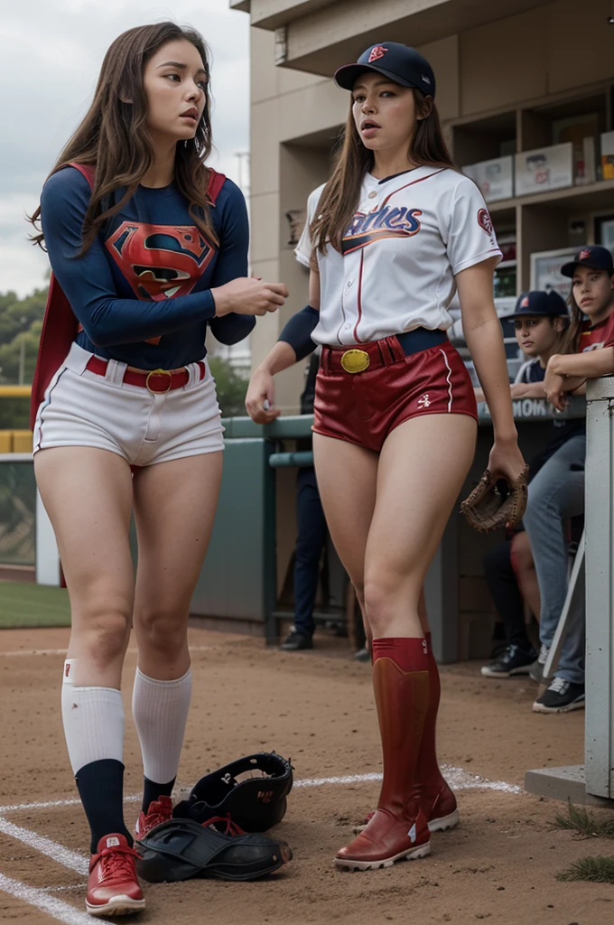 A scene where the women's baseball team transforms into Supergirl、S Mark、Transformation suddenly begins without warning during a match.、The entire team transforms into Supergirl、Deformed baseball cap、Baseball uniform transforms into Supergirl suit、Transform into a glossy、Brightly transformed、Transform without any discomfort、Shoes transform into red boots、