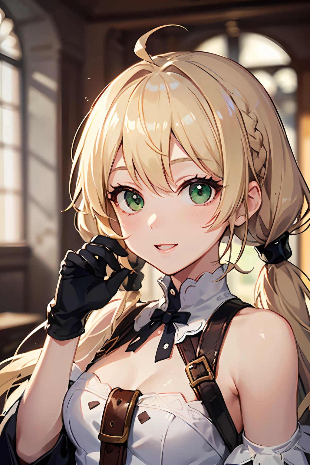 (NSFW:1.2)(best quality, masterpiece, highres,e:1.2)(kawaii)(Beautiful face)(Petite:1.4 ), ((Blonde hair:1.4),Wavy hair, Hair Between Eyes, ((low twintails:1.4)), Braids , side locks, Ahoge, flipped hair )hair ornaments,(Green eyes:1.2) ,Steampunk, (London street fashion:1.1)engineer,(white sleeveless sundress:1.4), Belt, Bracelet , (Leather gloves:1.4)(tighstrap)(Looking up:1.2) ,Cowboy Shot,(Dynamic Angle, (close to viewer:1.2), Focus Face, fish-eye lens,(white back)),(hands on own face),light smile