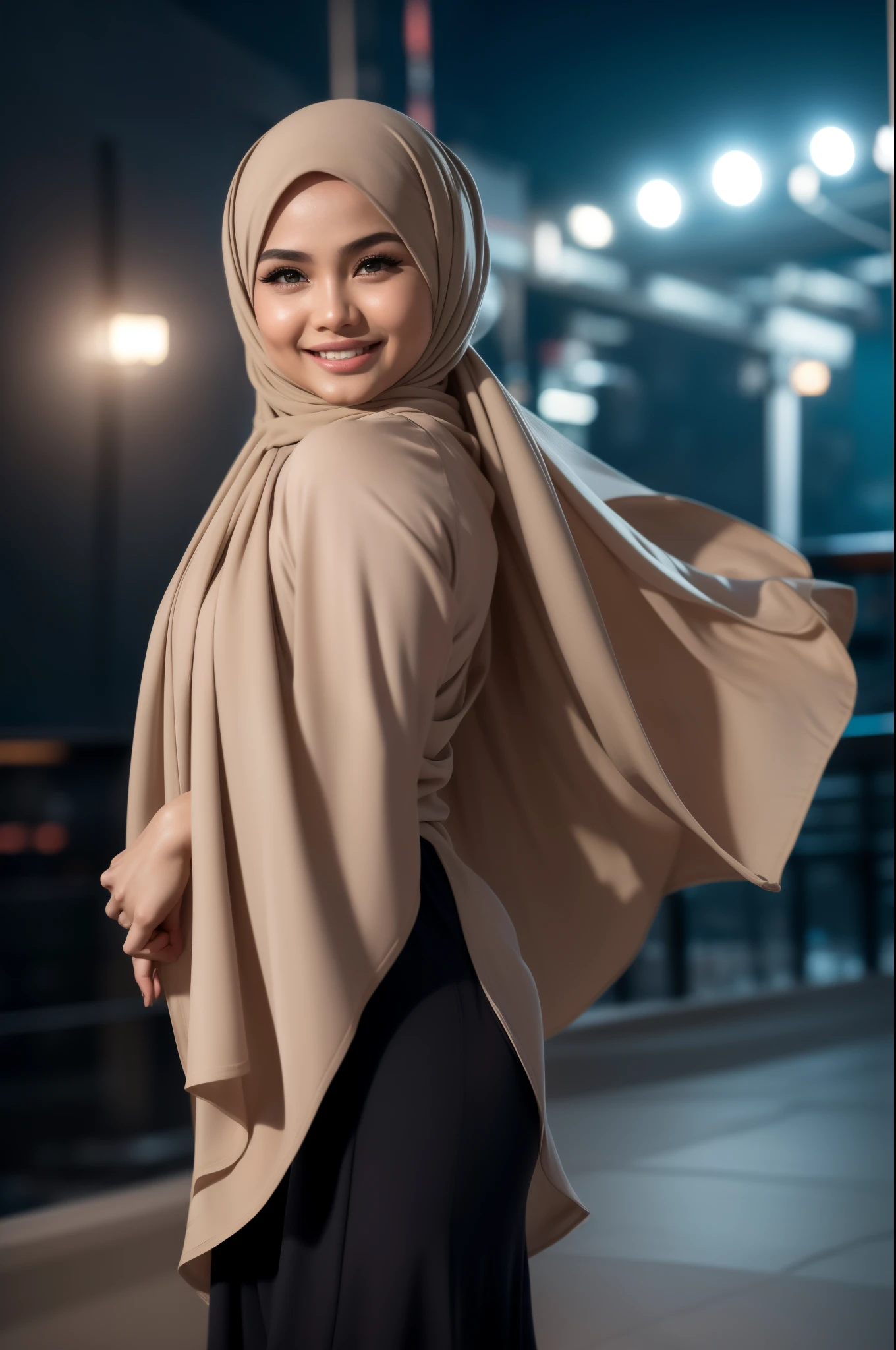 Portrait photo of a young Malay girl in hijab naked, (laughing:0.7) , Malaysian, posing, look at a camera, full body, black hijab, complex city background, backlit, (cinematic:1.5), epic realistic, hyperdetailed, detailed skin texture, mole below eye, insane details, intricate details, accent lighting, soft volumetric light, bokeh, (dramatic light:1.2), (neutral colors:1.3), cross process, night background, portraying the motion and grace of running, showing the wind blowing her hijab, fluid movement, capturing the essence of her athleticism and energy, running, high quality, ultra detail, 8k